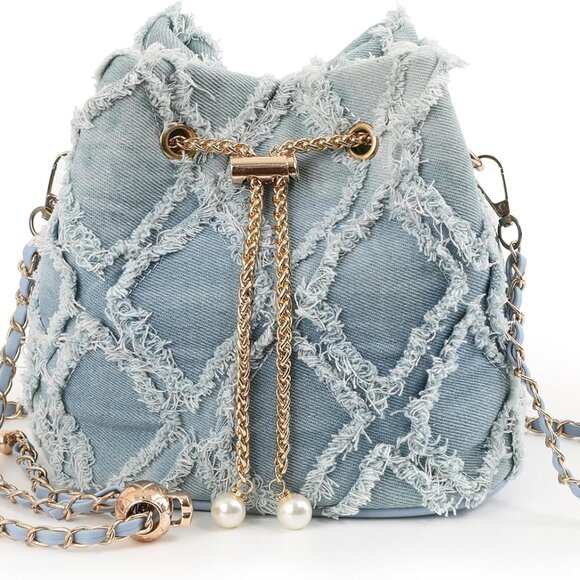 Denim Bucket Bag Quilted Drawstring Purse Crossbody Hobo Casual Fashion - Picture 1 of 7